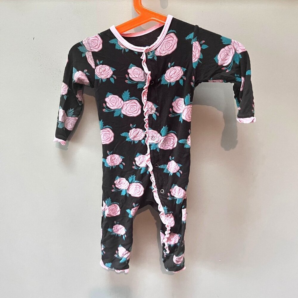 KicKee Pants Infant Bamboo Romper‎ 3-6M Black & Pink Rose Floral Print